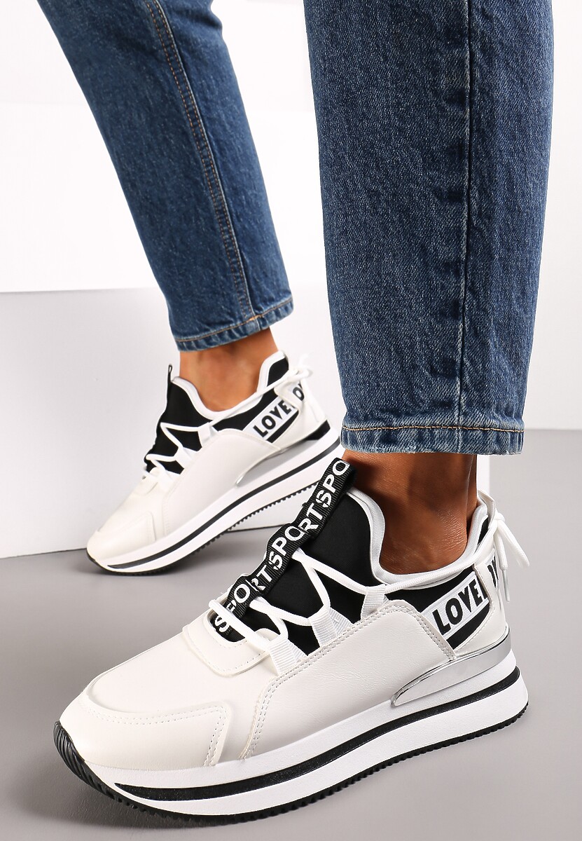 Białe Sneakersy na Platformie z Metaliczną Wstawką Constony
