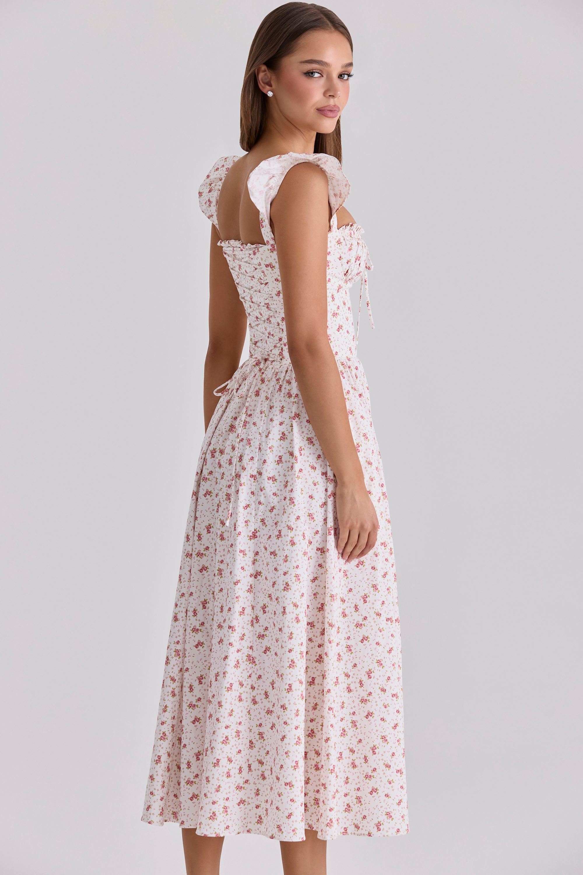 White Rose Print Cotton Midi Sundress