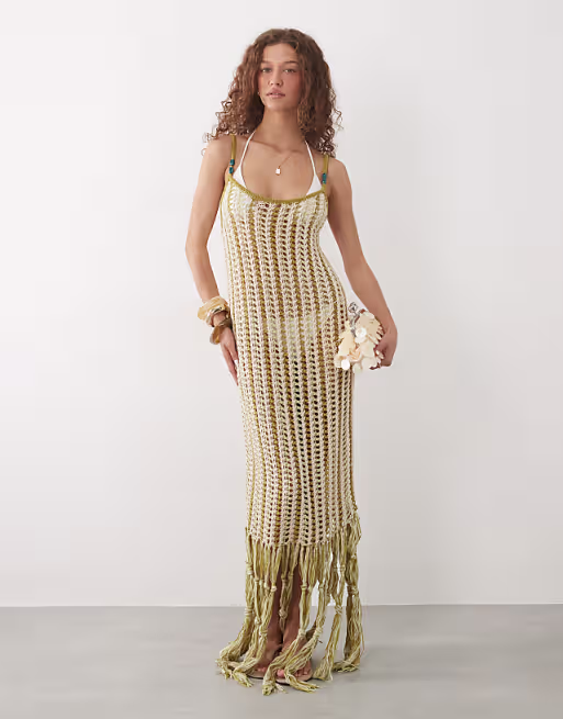Tara tassel macramé beach maxi dress in lime stripes