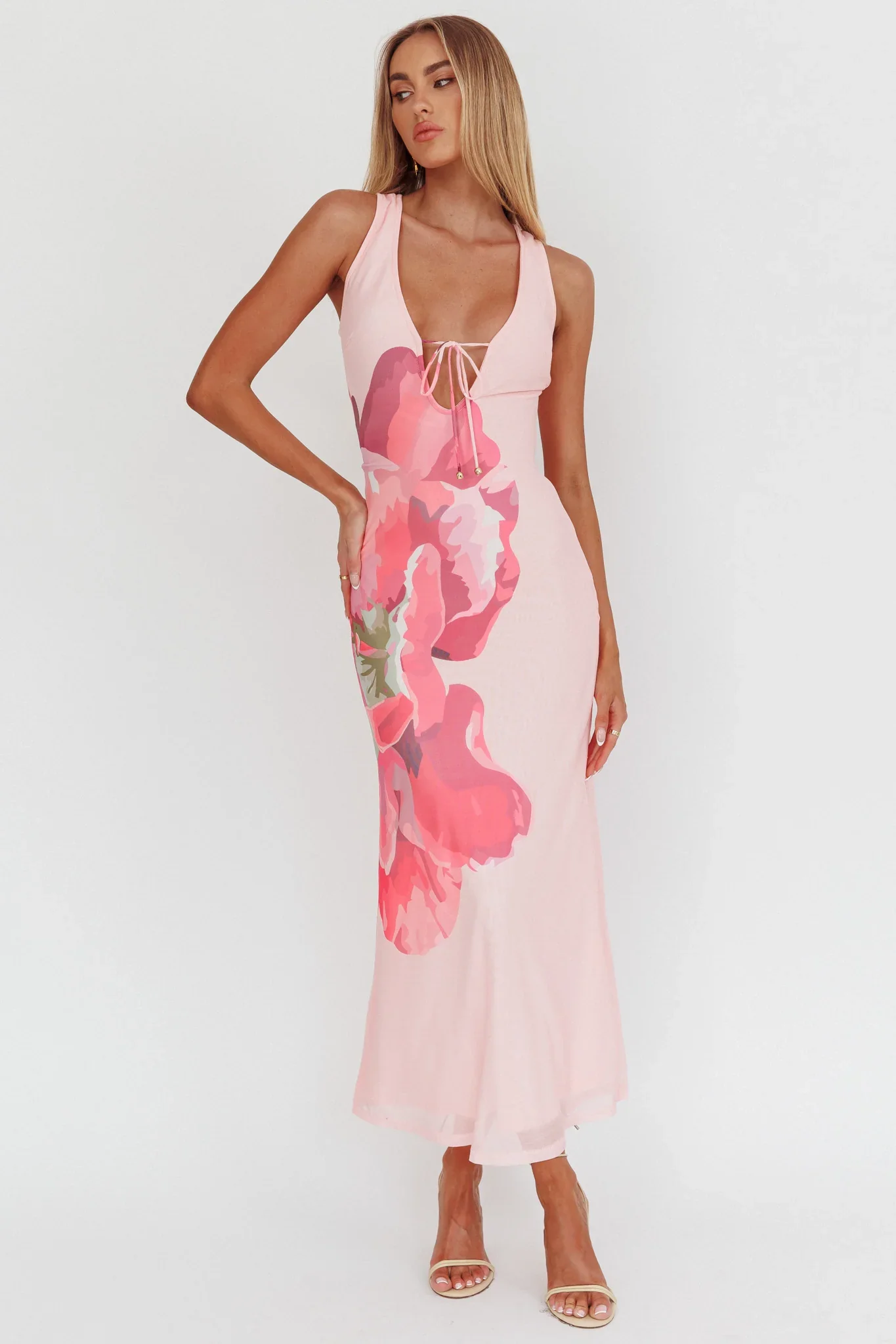 Cinders Tied Plunging Neckline Maxi Dress Flower Pink