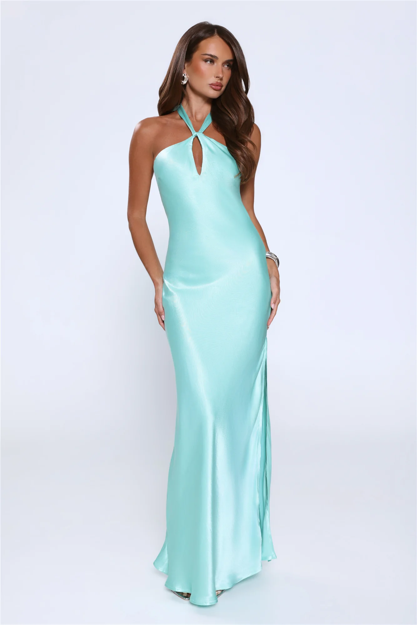 Rule Her World Halter Satin Maxi Dress Aqua