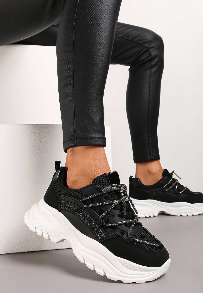 Czarne Sneakersy na Grubej Podeszwie Ozdobione Cyrkoniami i Brokatem Klineria