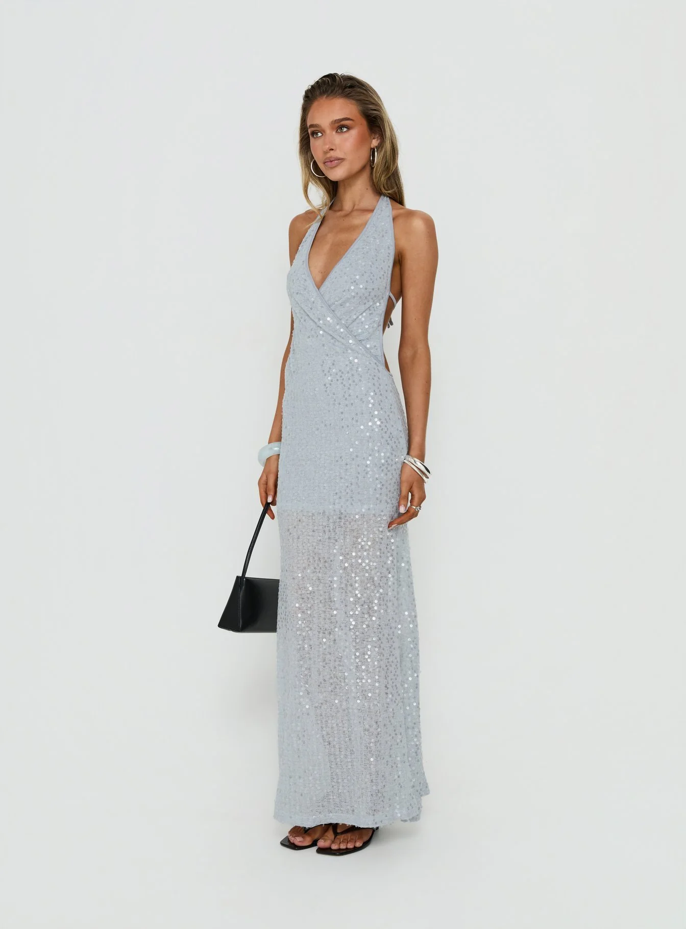 Espheria Low Back Wrap Sequin Maxi Dress Lilac