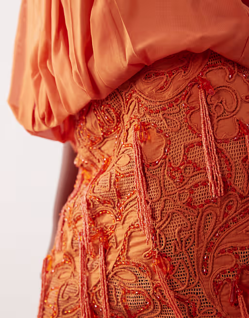 pleated halter neck draped embellished mini dress in orange
