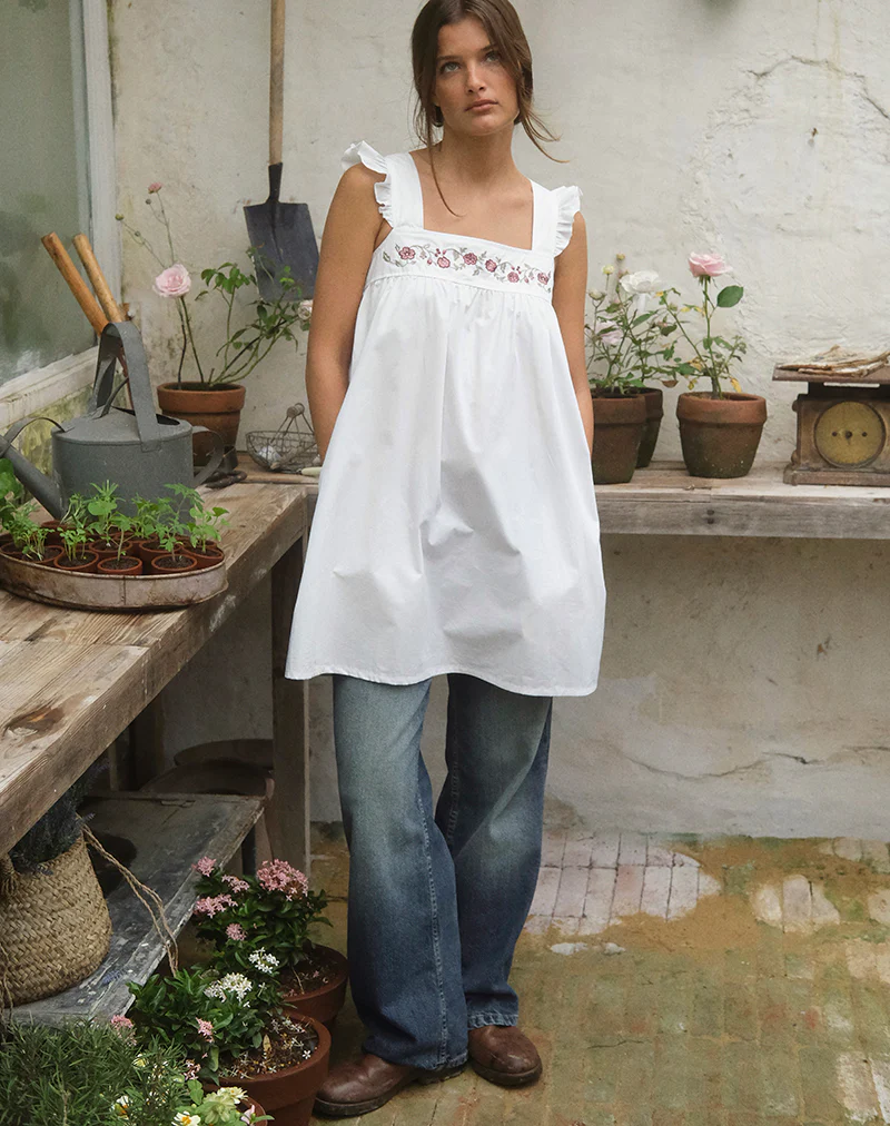 Sanaly Mini Dress in Poplin White with Cherry Blossom Embroidery