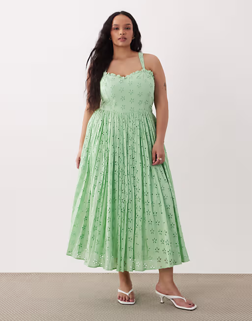 Lace & Beads Plus broderie cotton corset midaxi dress in bright green