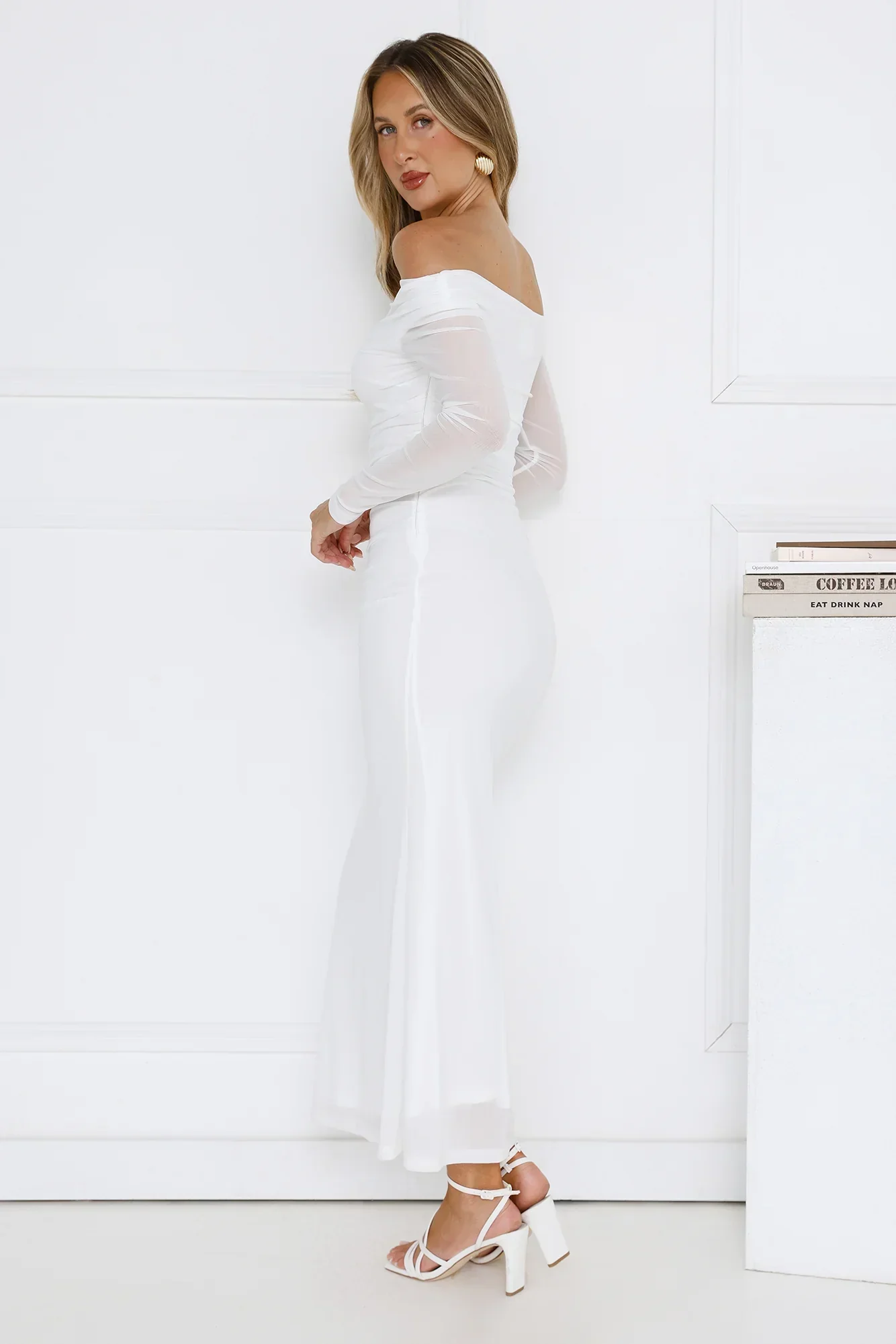 Curve Embrace Off Shoulder Mesh Maxi Dress White