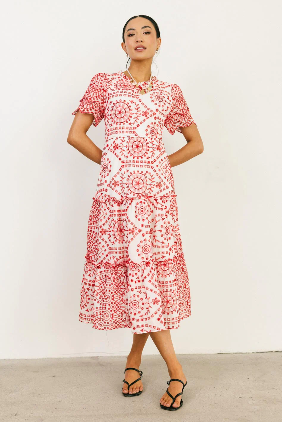 Alena Eyelet Lace Dress in Red