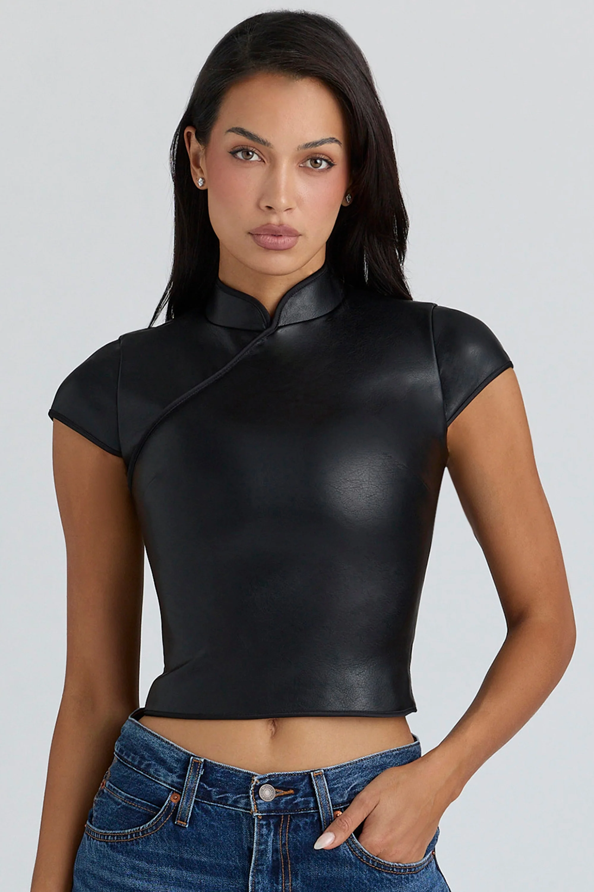 Black Vegan Leather Mandarin Collar Top