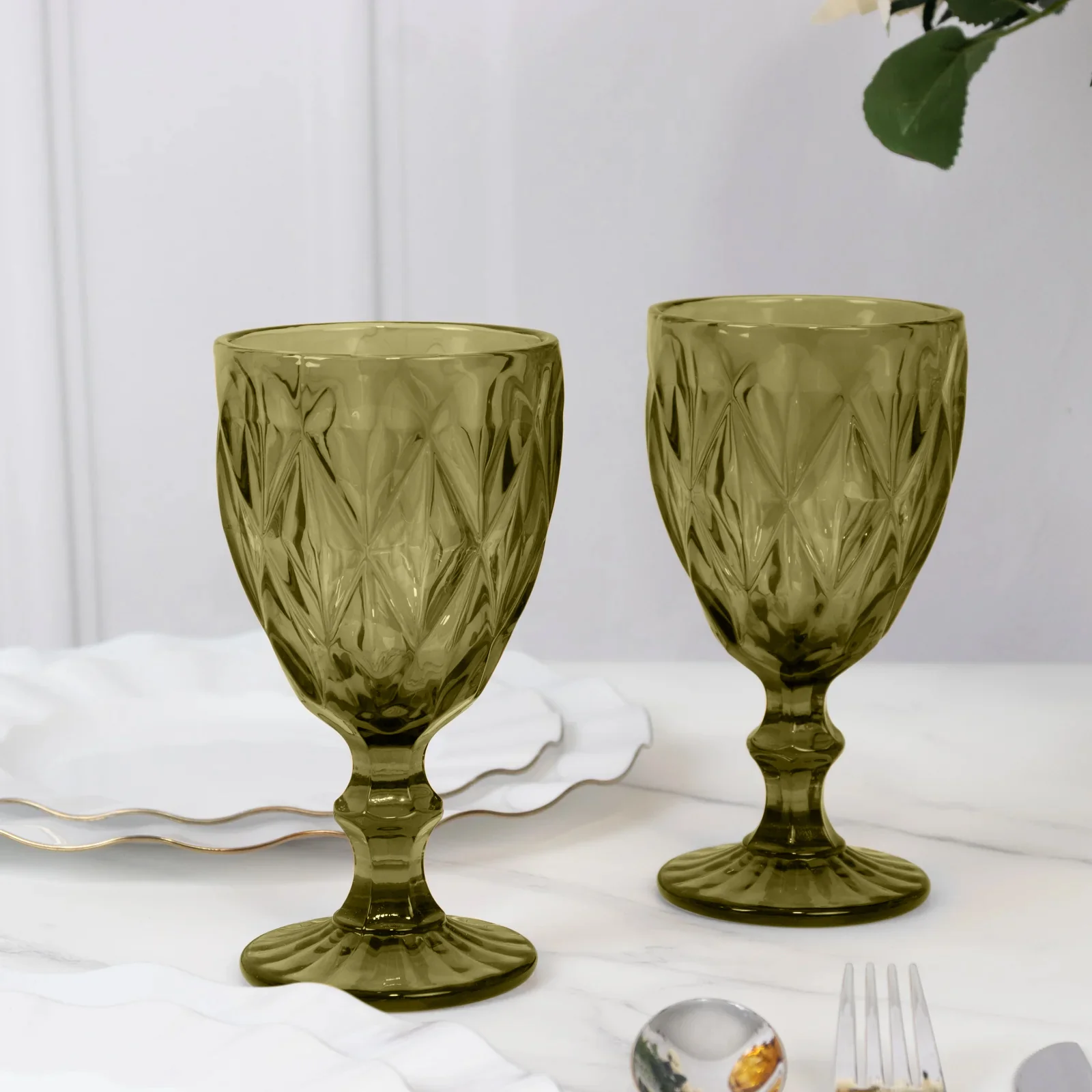 6-Pack Wine Glasses Dusty Sage Green Embossed Crystal Cut Design Stemmed - Colored Goblets for Parties & Events 12oz 7