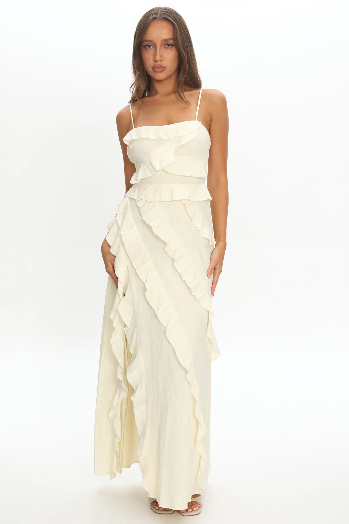 Arrabel Ruffle Split Maxi Dress Ivory