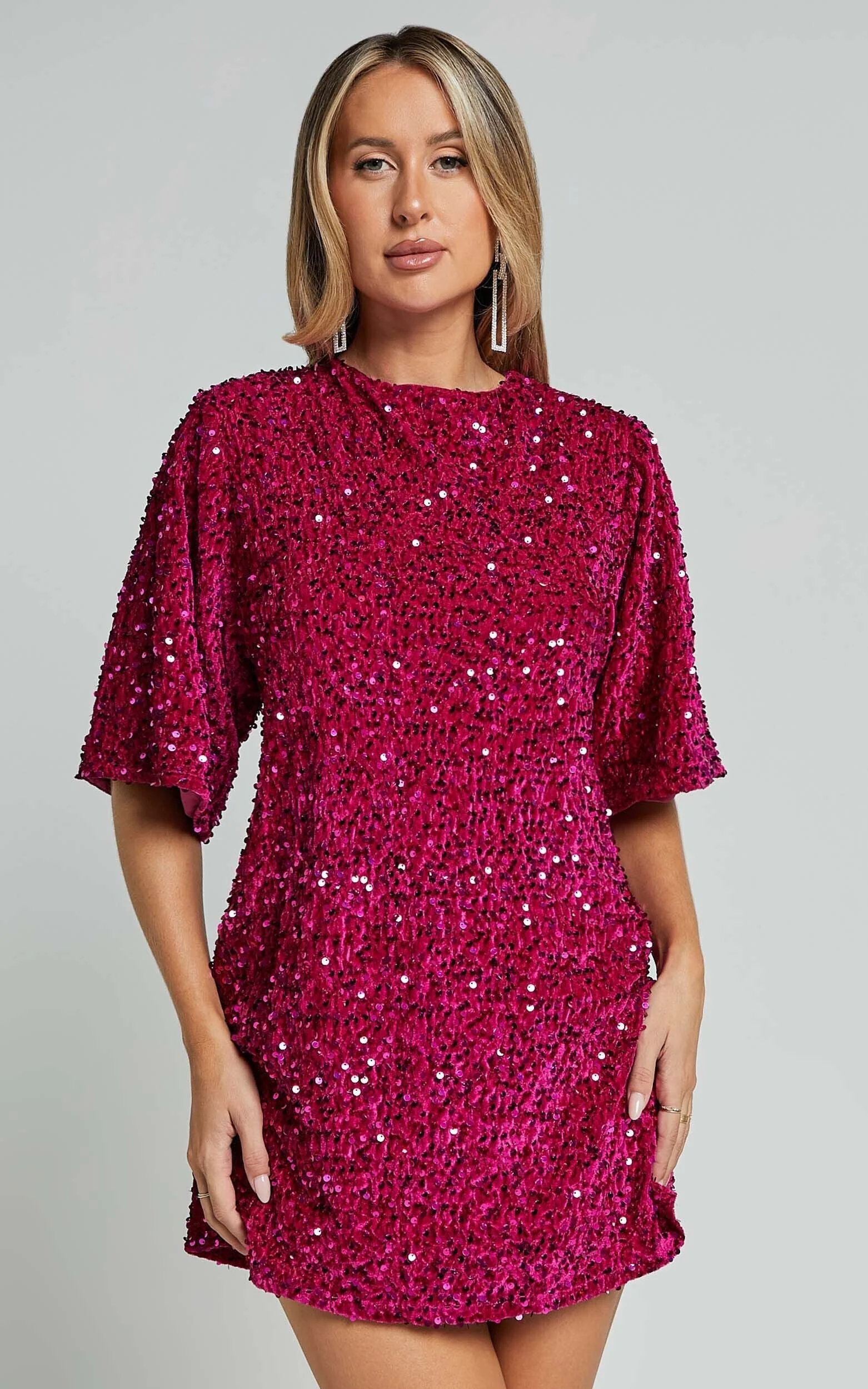 Valetta Mini Dress - Sequin Low Back Shift Dress In Hot Pink