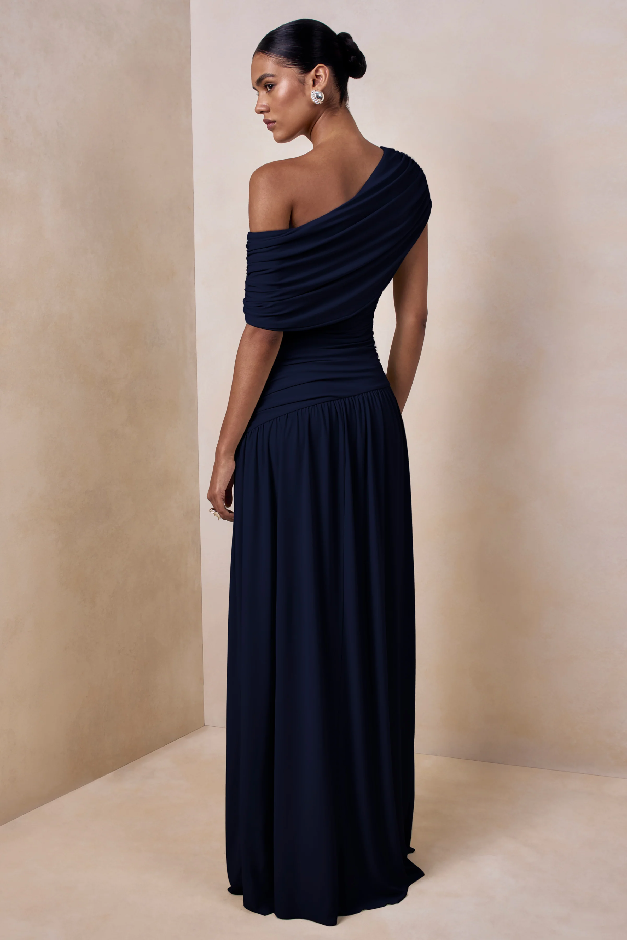 Emberly | Navy Draped Asymmetric-Neck Maxi Dress With Drop-Waist