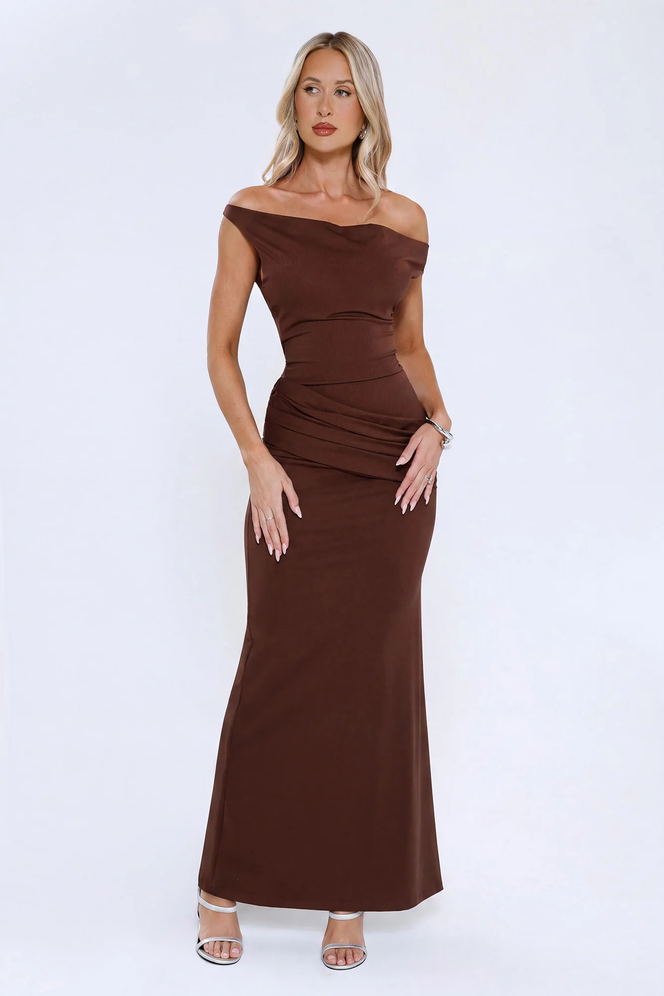 Caught In The Spotlight Off Shoulder Maxi Dress Chocolate