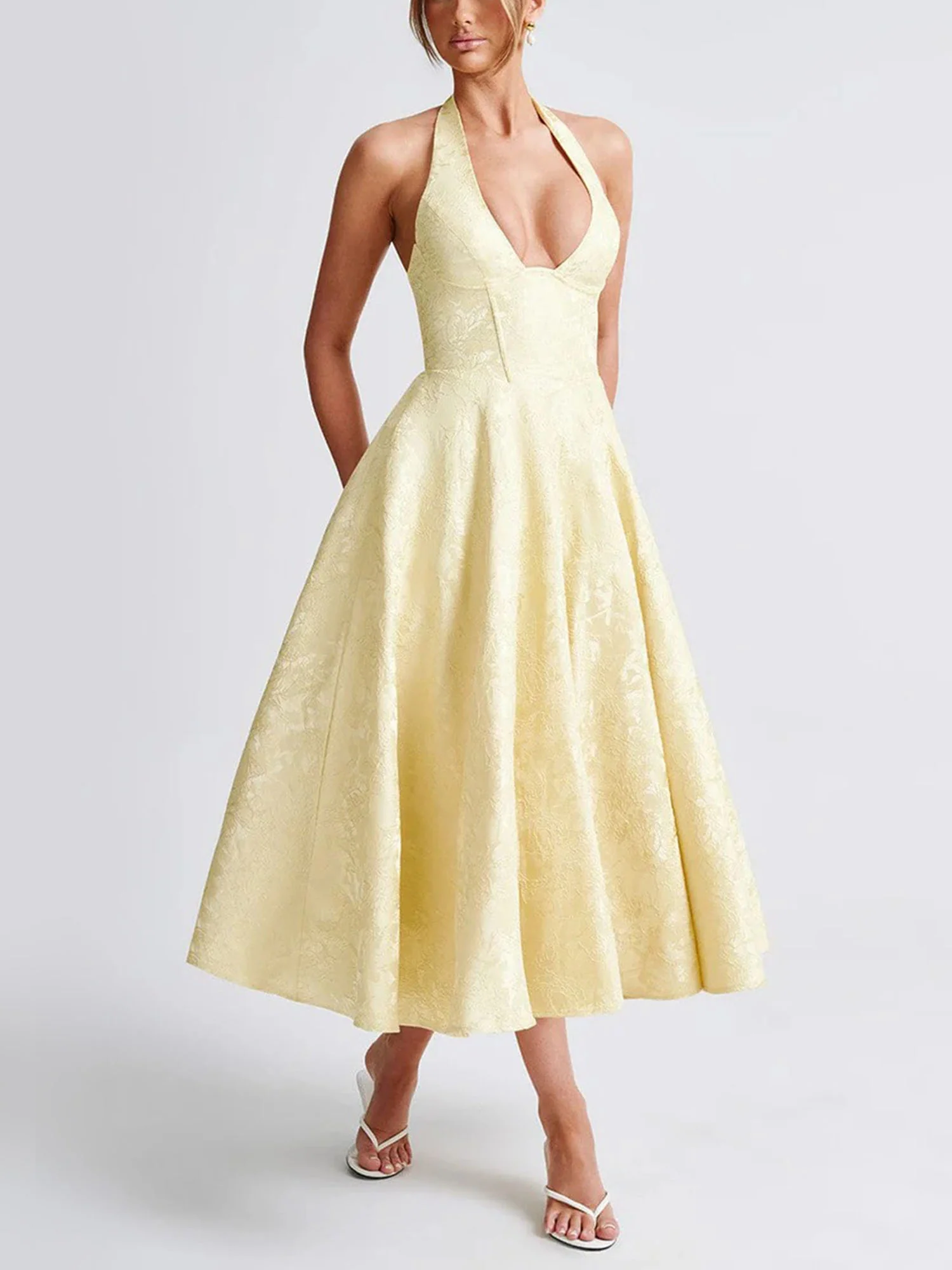 Yellow Halter Flared Midi Dress
