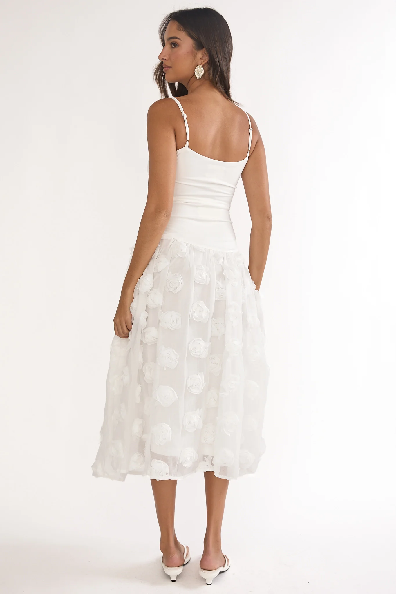 Adley Embellished Drop Waist Midi Dress White