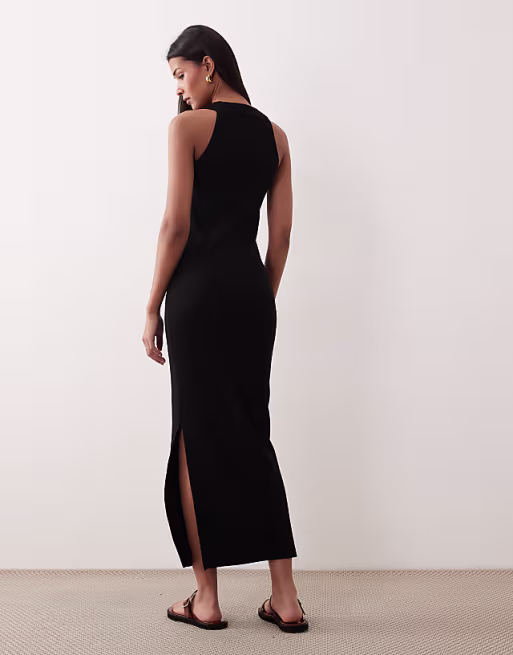 scoop front racer seam detail midi dress in black