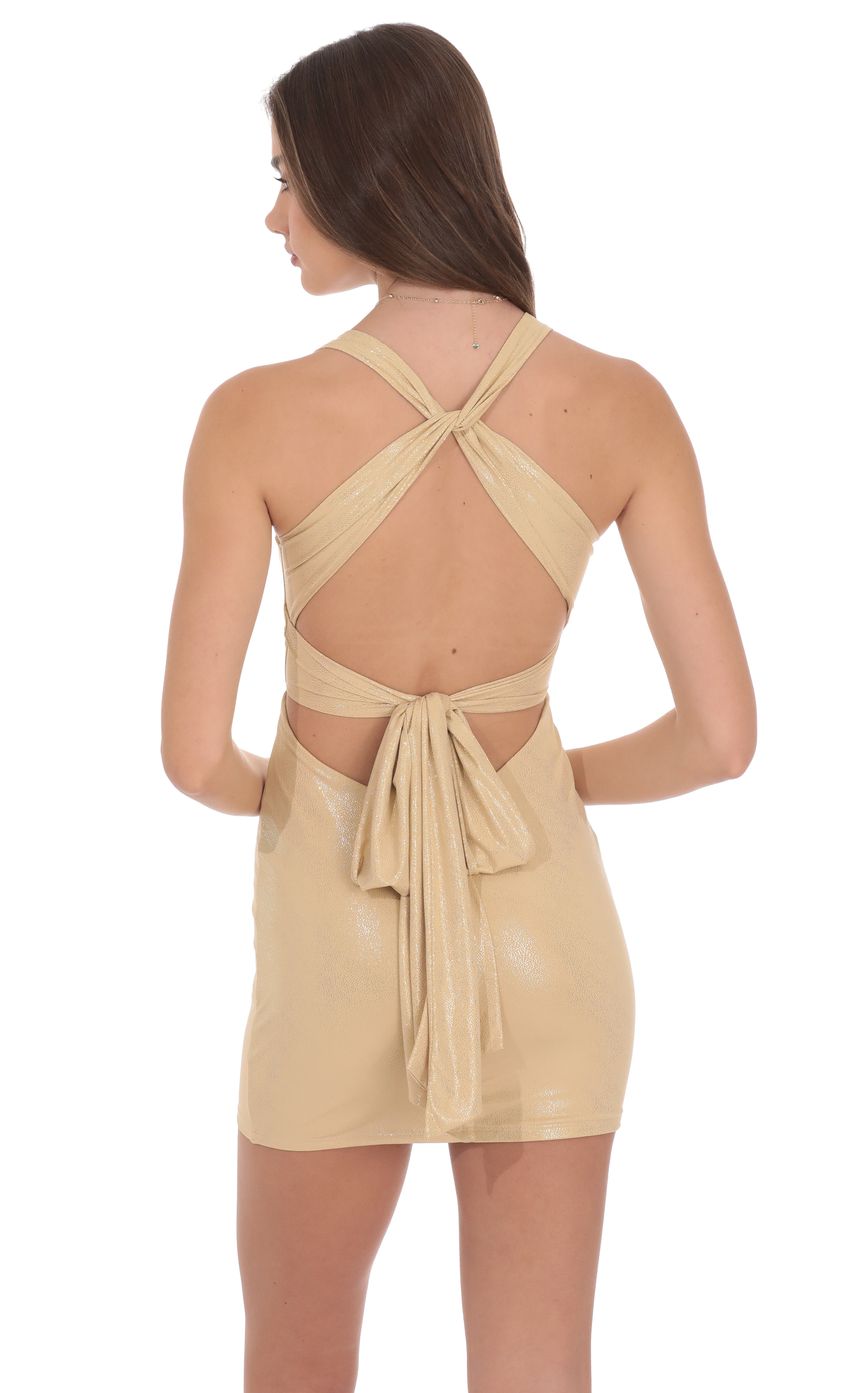 Foil Twist Open Back Dress in Gold