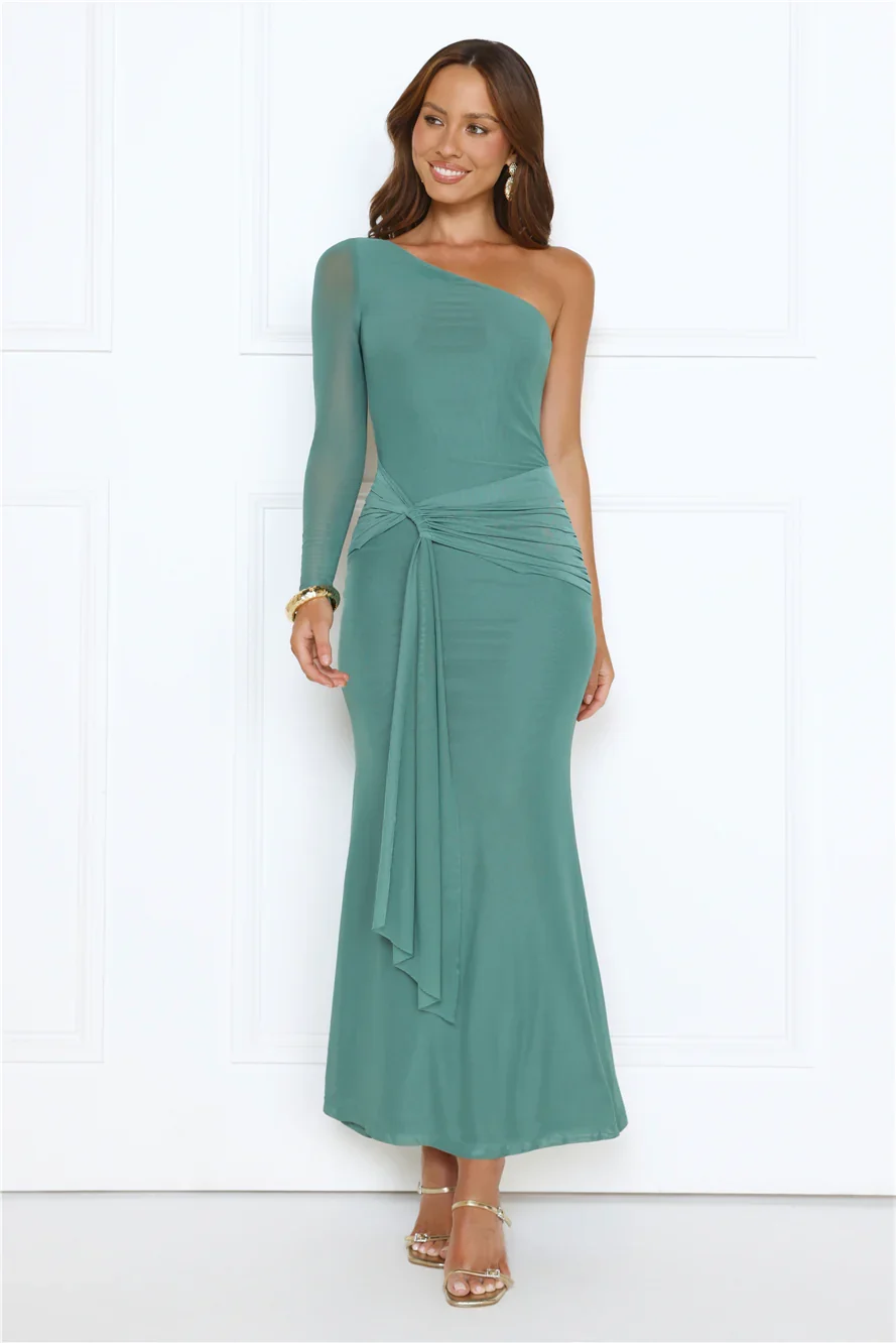 Dressed In Love One Shoulder Mesh Maxi Dress Green