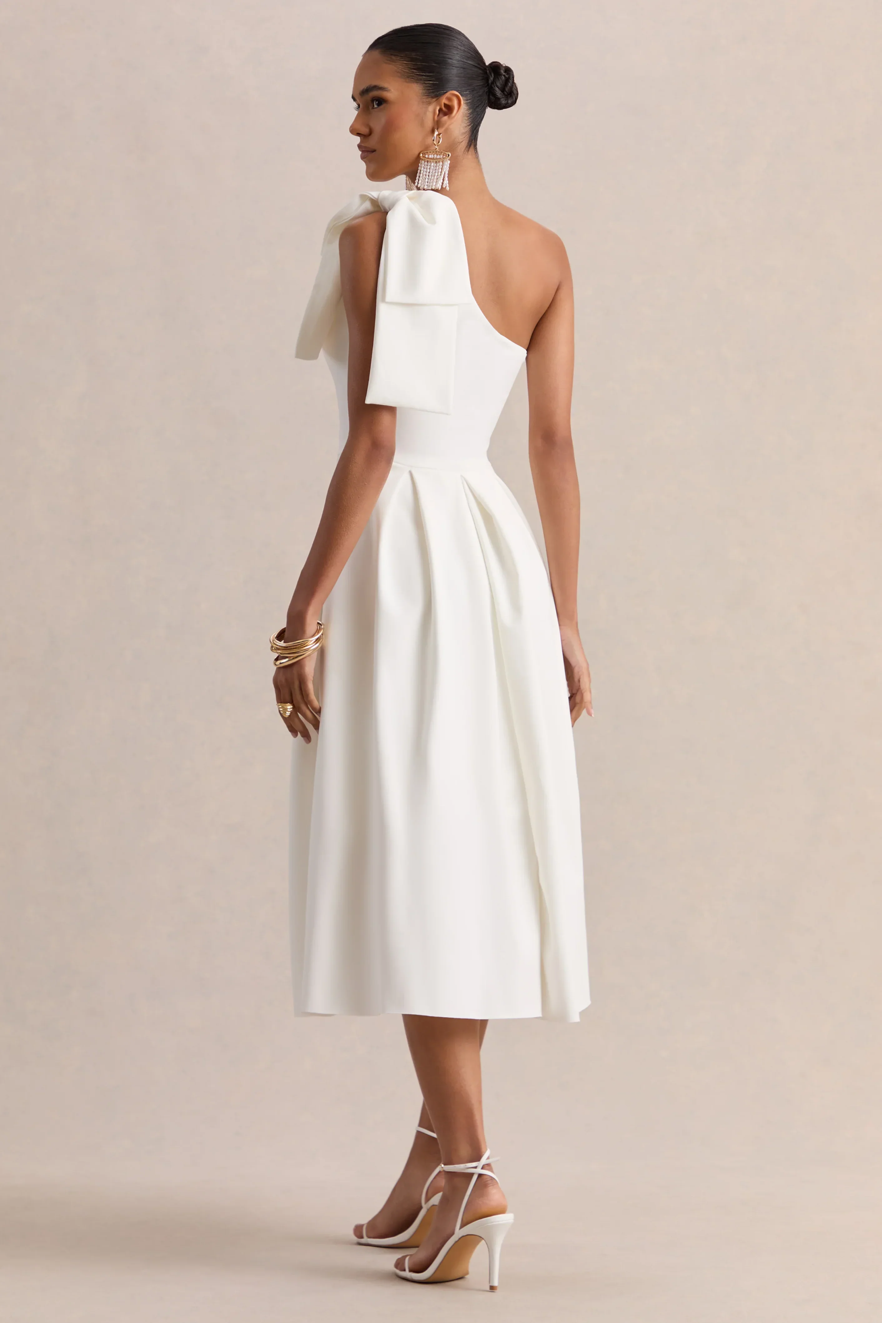Meria | White Asymmetric-Neck Midi Dress With Bow-Sleeve