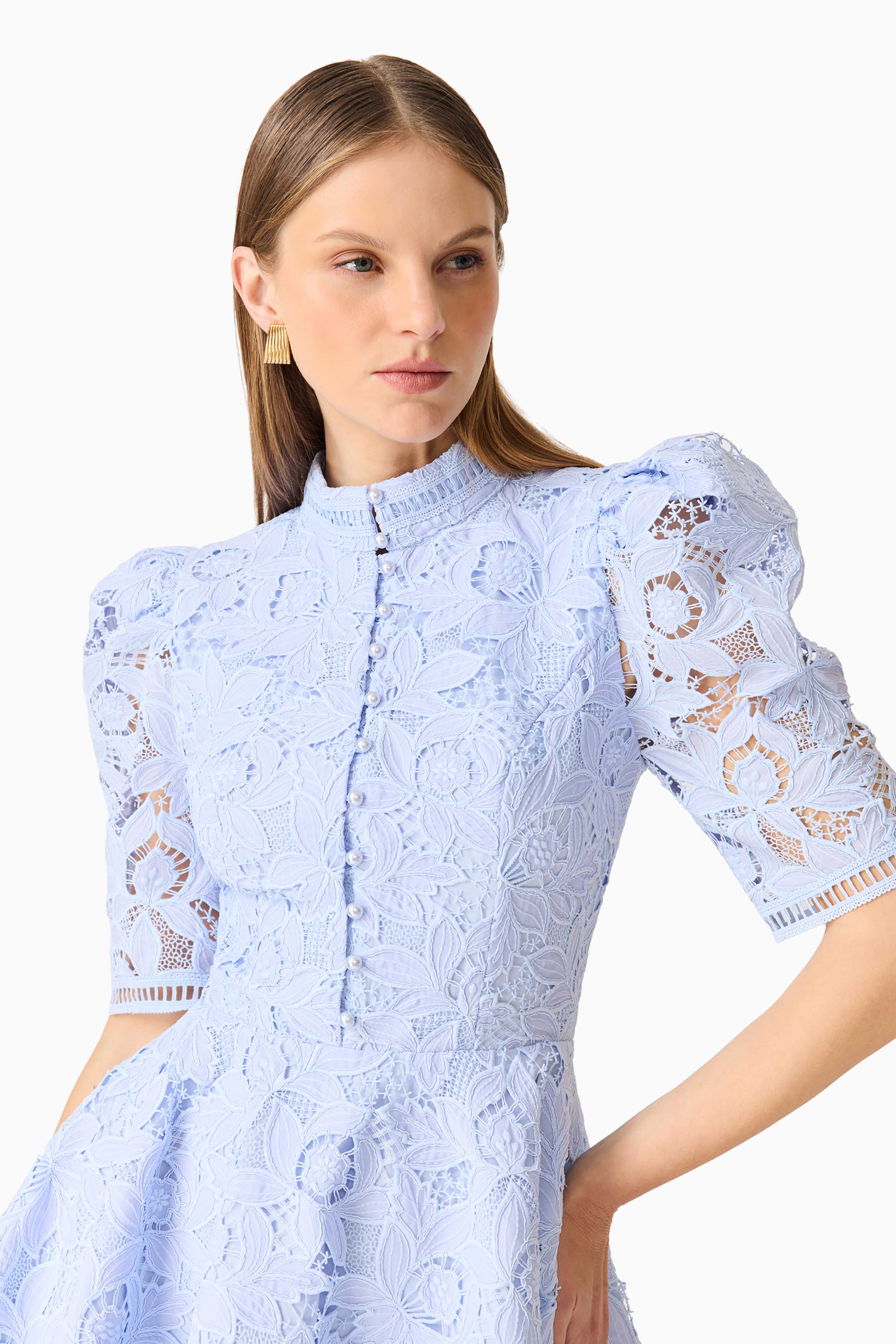 Lacy Puff Sleeve Mini Dress in Powder Blue