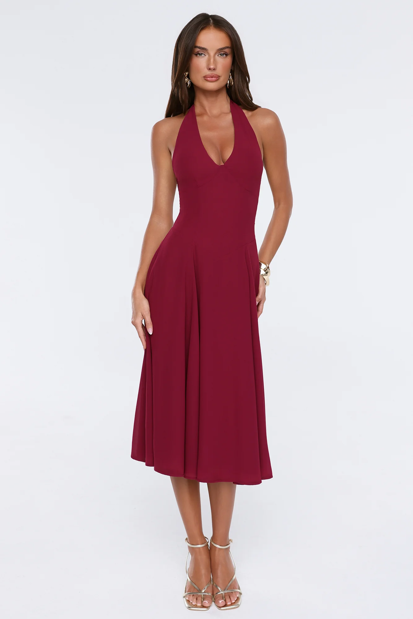 Luxe Femininity Halter Midi Dress Wine