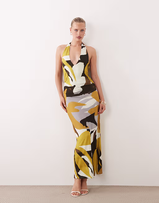 tie back halter midi dress in abstract print