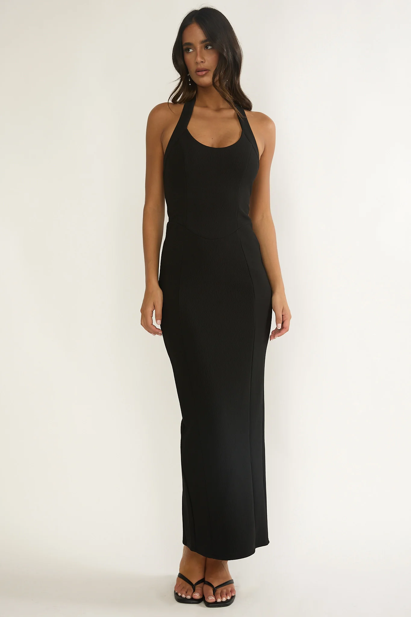 Shailyn Scoop Neck Halter Maxi Dress Black - luluinthesky