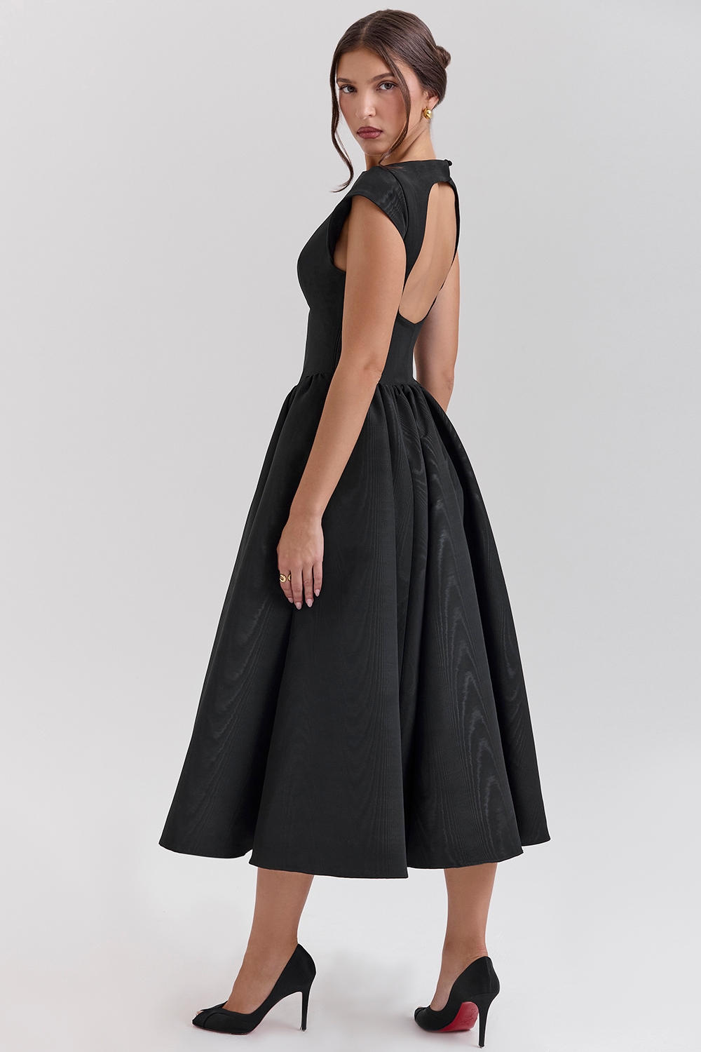 black moire satin backless midi dress