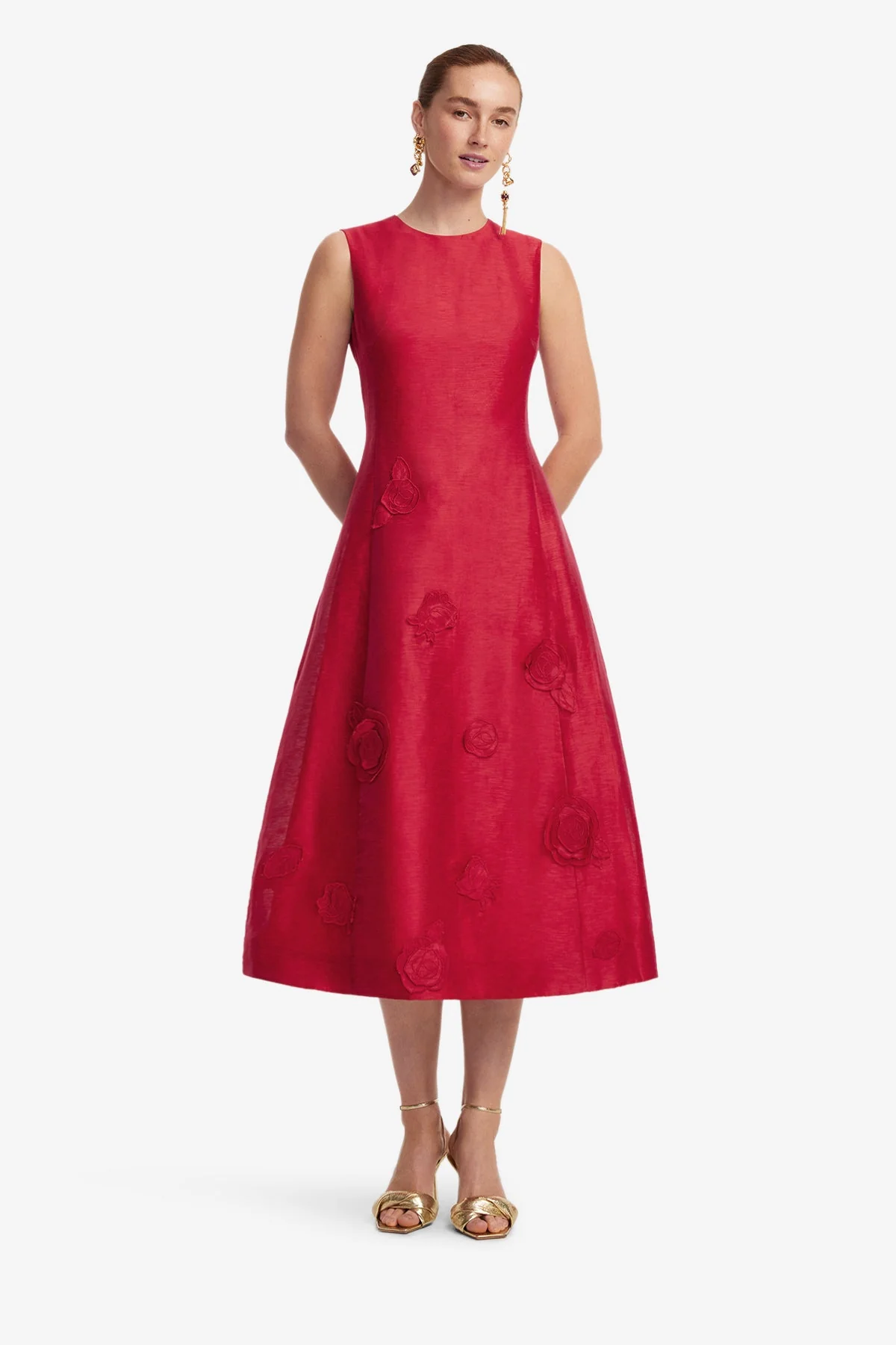 Cleo Appliqué Sleeveless Midi Dress - Scarlet