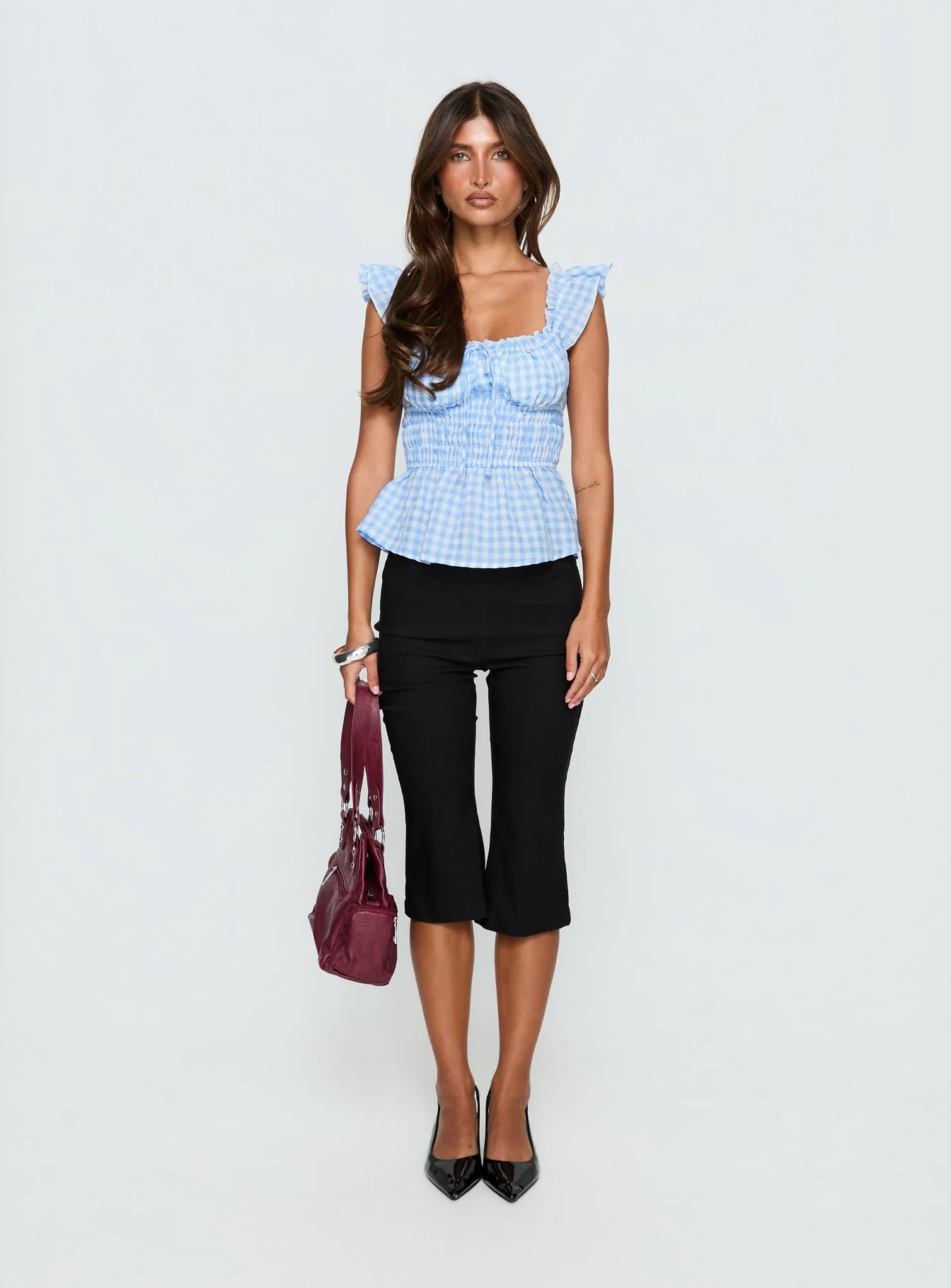 Marnee Babydoll Shirred Top Blue Gingham