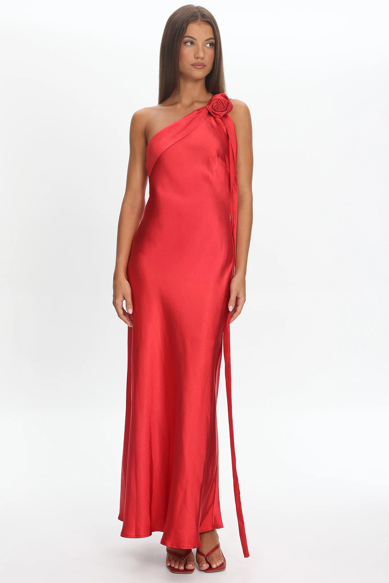 Star Fall One-Shoulder Rosette Maxi Dress Red - luluinthesky