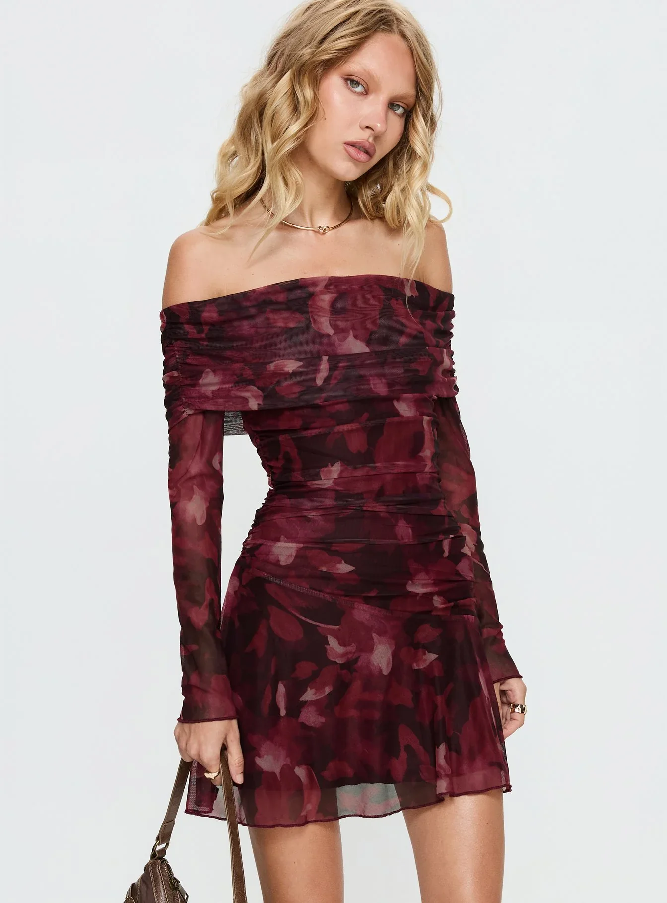 Marrissa Off Shoulder Long Sleeve Mini Dress Burgundy Floral