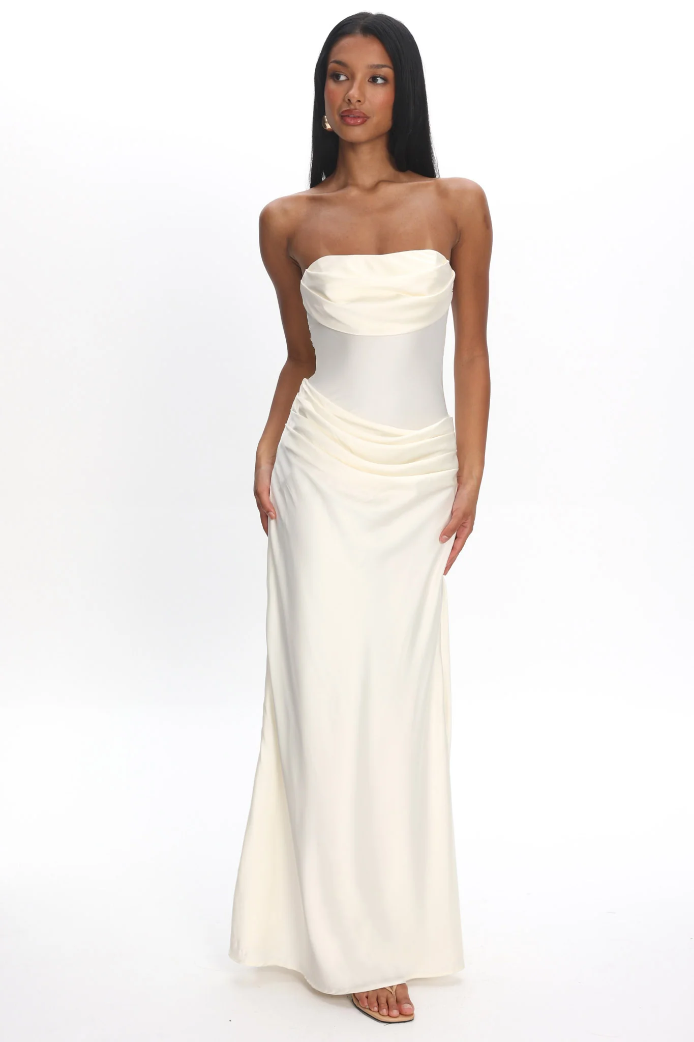 Unforgettable Day Drape Waist Strapless Maxi Dress Cream