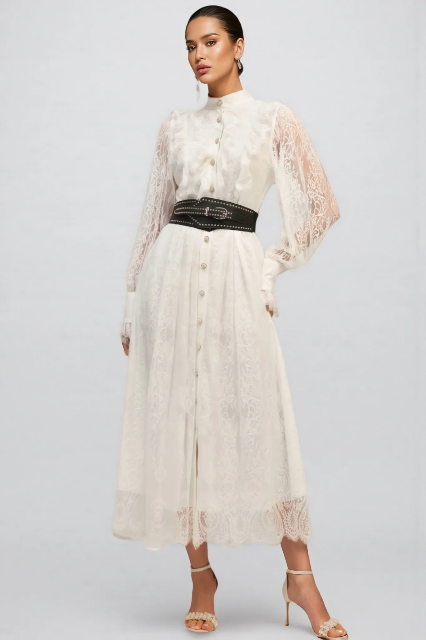 Starsha Long Sleeves Folds Lace Midi Dress