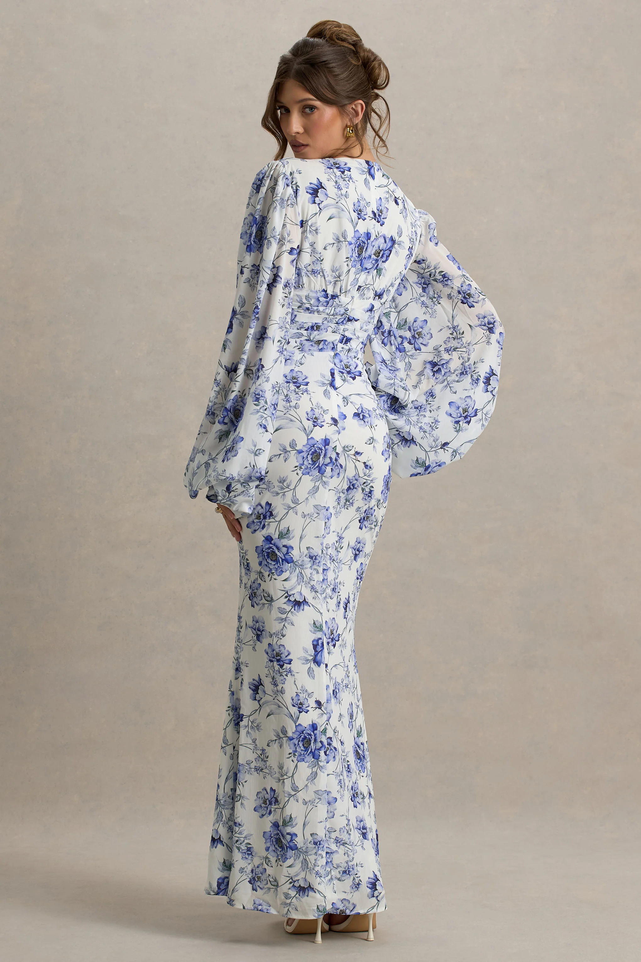 Casarile | Blue Floral Print V-Neck Balloon Sleeve Maxi Dress