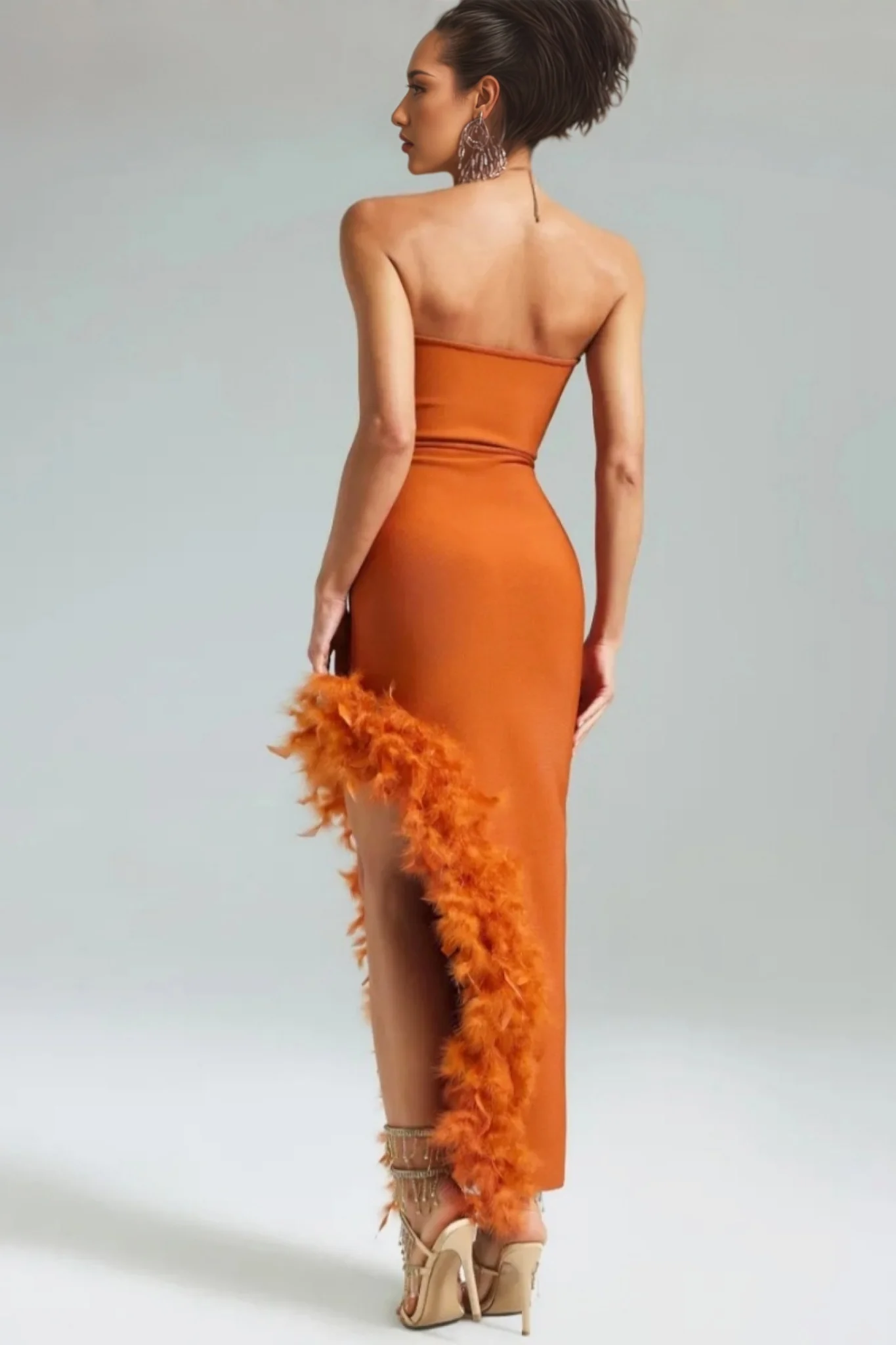 Yeli Feather Slant Hem Bandage Maxi Dress