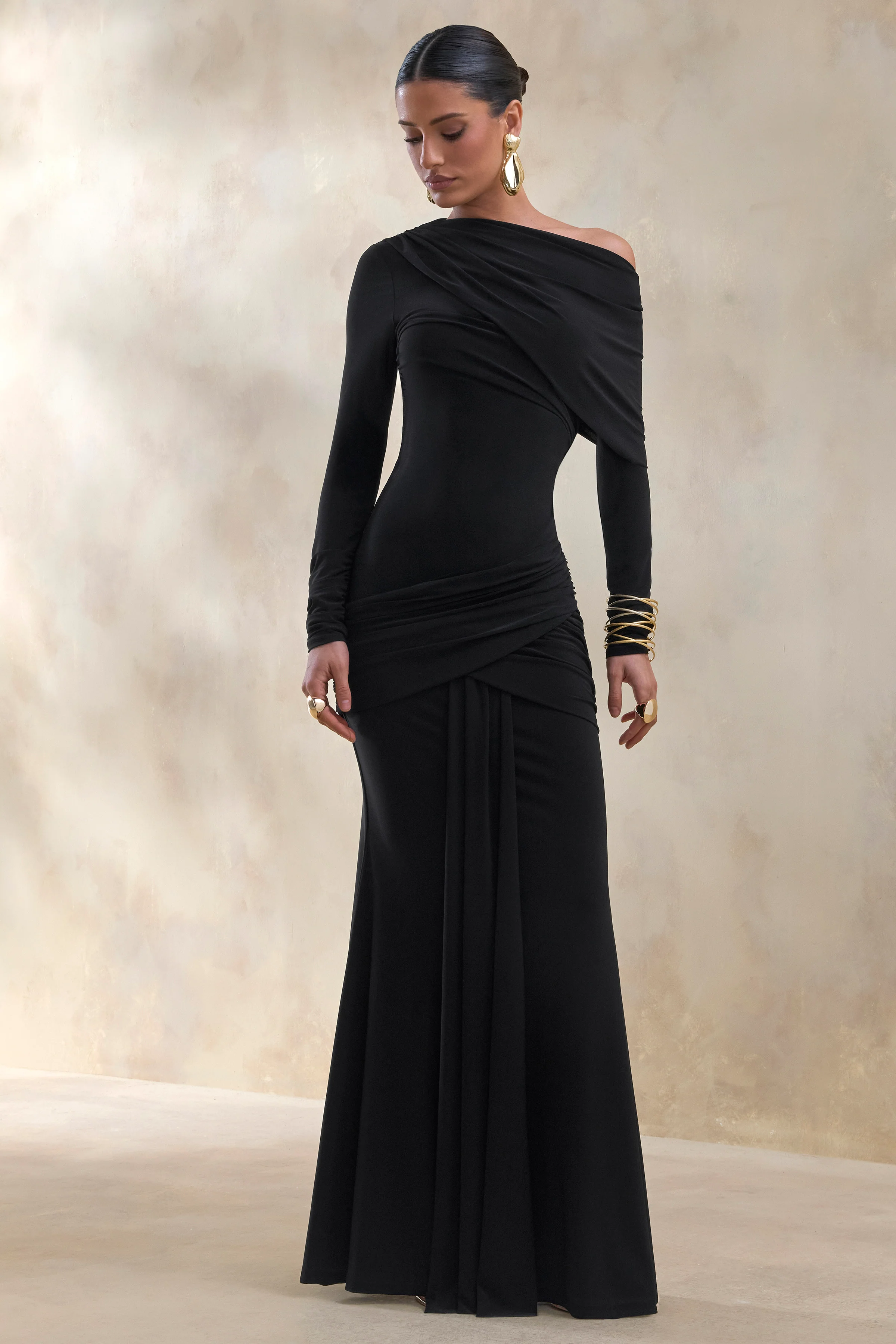 Kessara | Black Asymmetric-Neck Maxi Dress With Sash And Gathered-Detailing