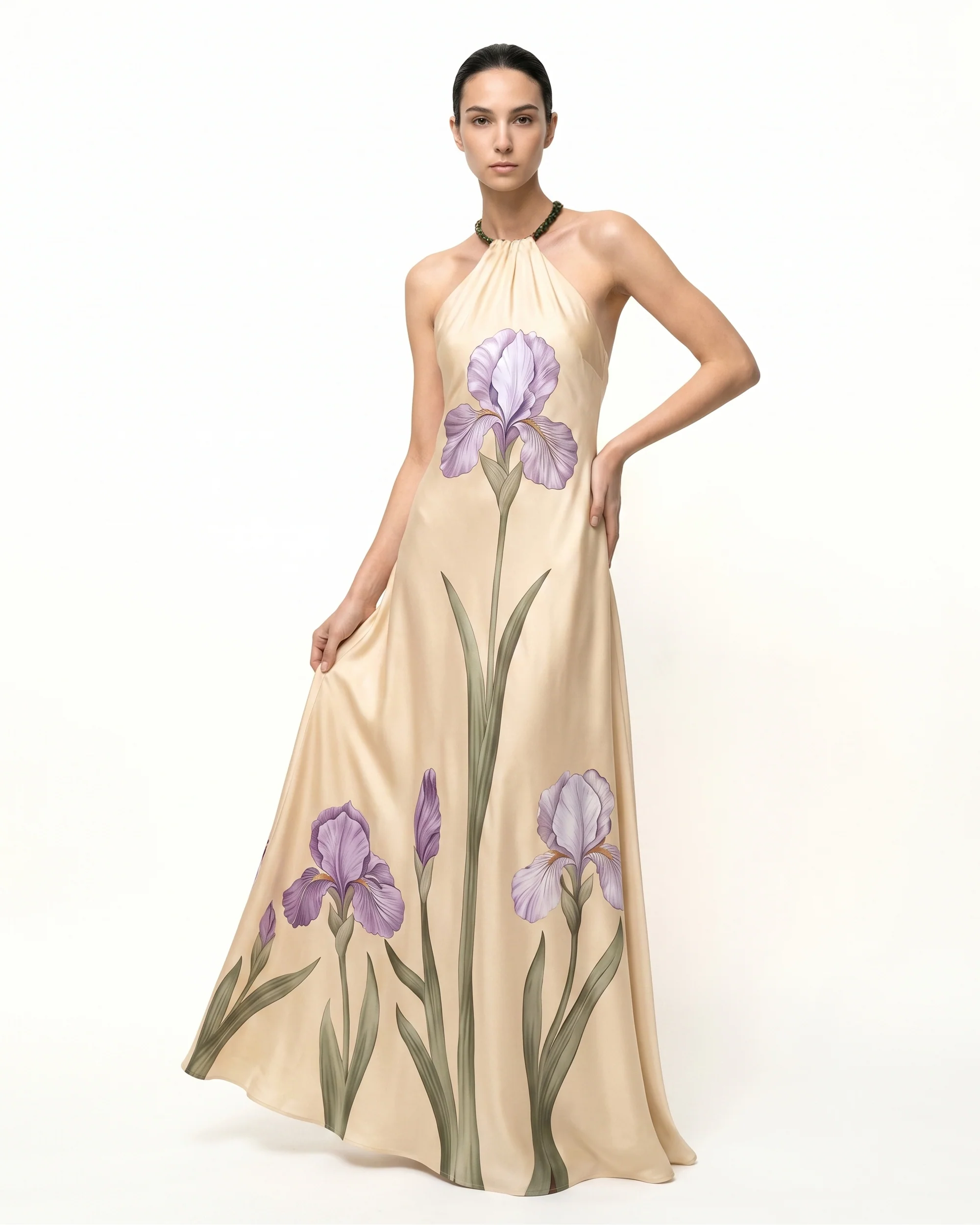 Iris Floral Print Halter Maxi Dress - Cream