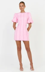 Laila Mini Linen Blend Dress - High Neck Side Cut Out Puff Sleeve Straight Dress in Pink