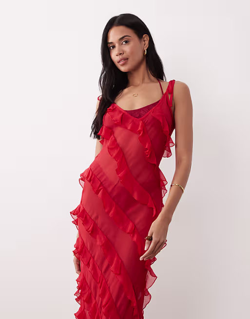 Miss Selfridge asymmetric ruffles low back beach maxi dress in red