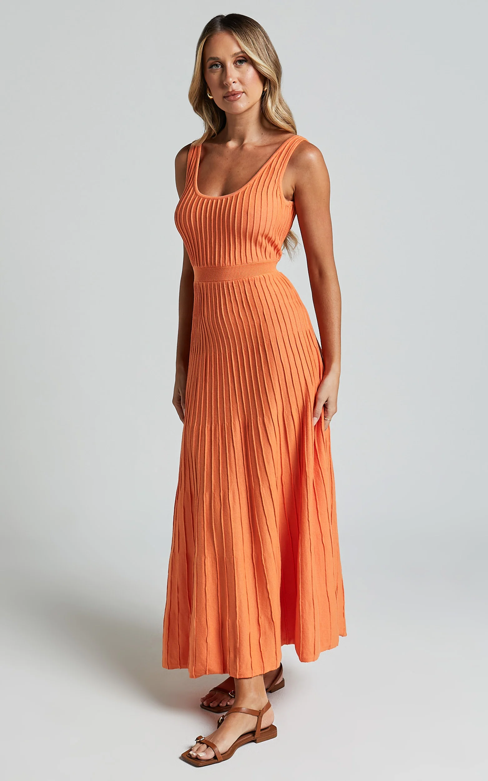 Saoirse Midi Dress - Square Neck Strappy Knit Dress in Mango