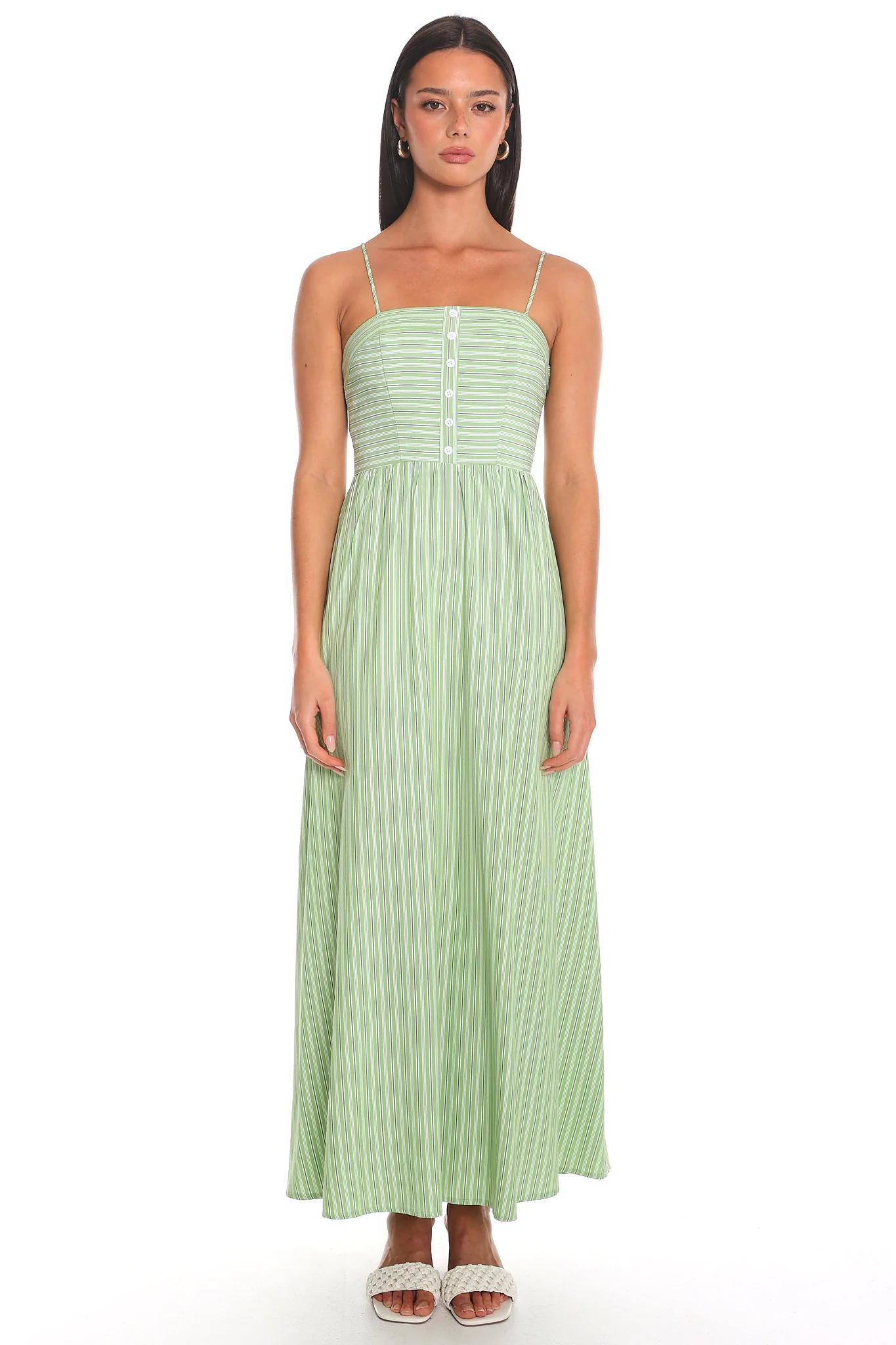 Saturday Sun Stripe Button-Front Maxi Dress Green