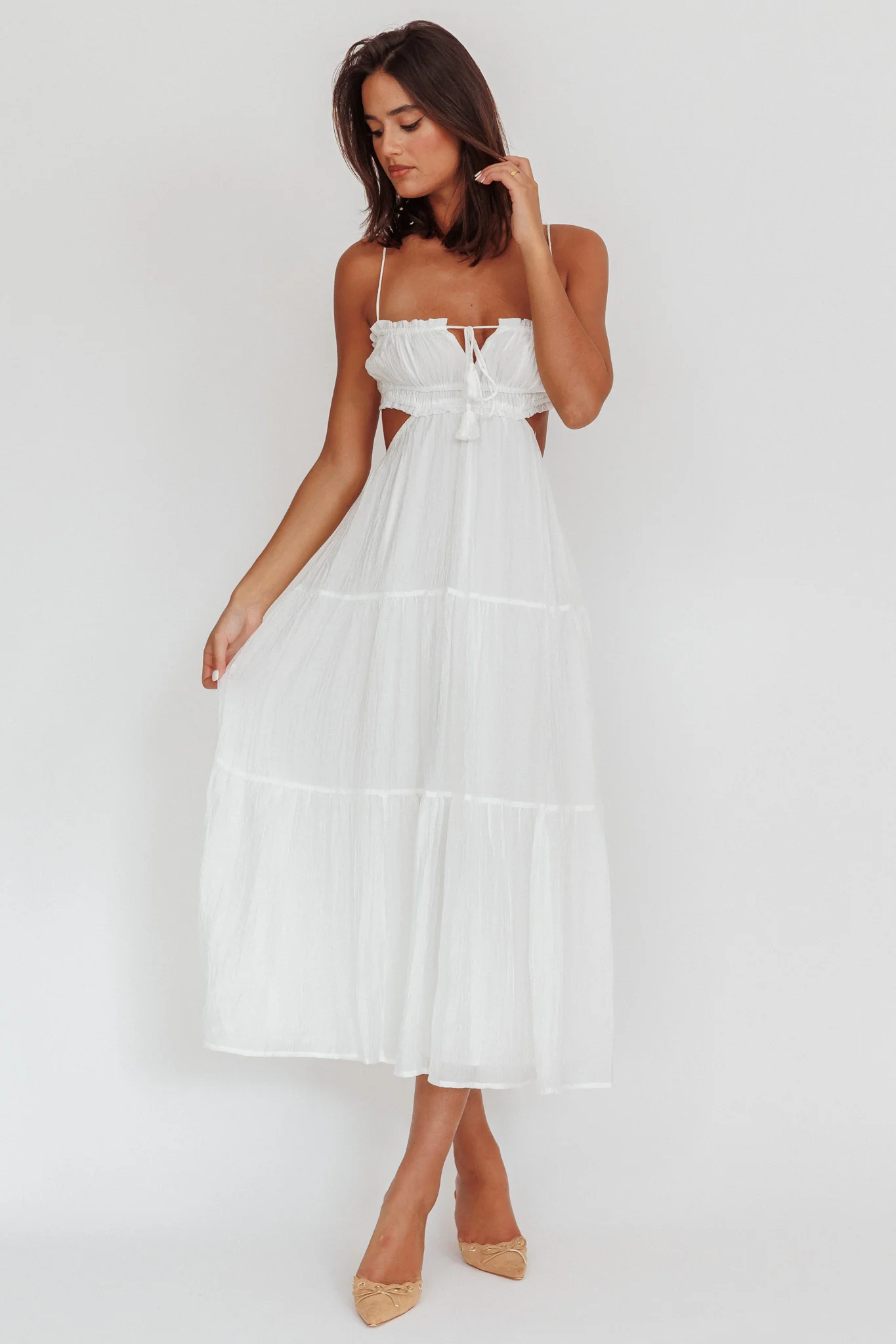 Eyona Cut-Out Waist Tie Maxi Dress White - luluinthesky