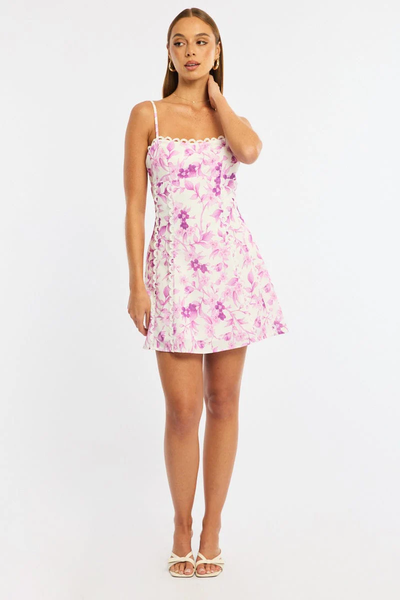 Pink Floral Mini Dress Strappy