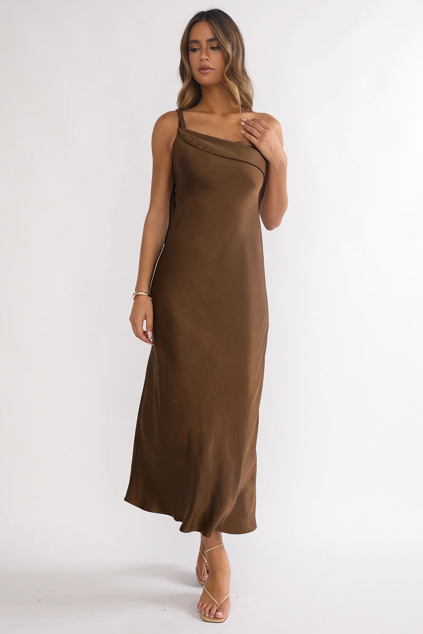 Carmel One-Shoulder Sash Maxi Dress Chocolate - luluinthesky