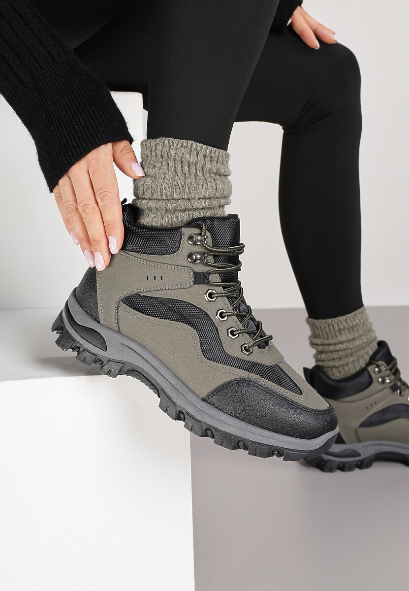Czarno-Zielone Buty Trekkingowe Trapery Vices Ozdobione Geometrycznym Motywem Anarisse