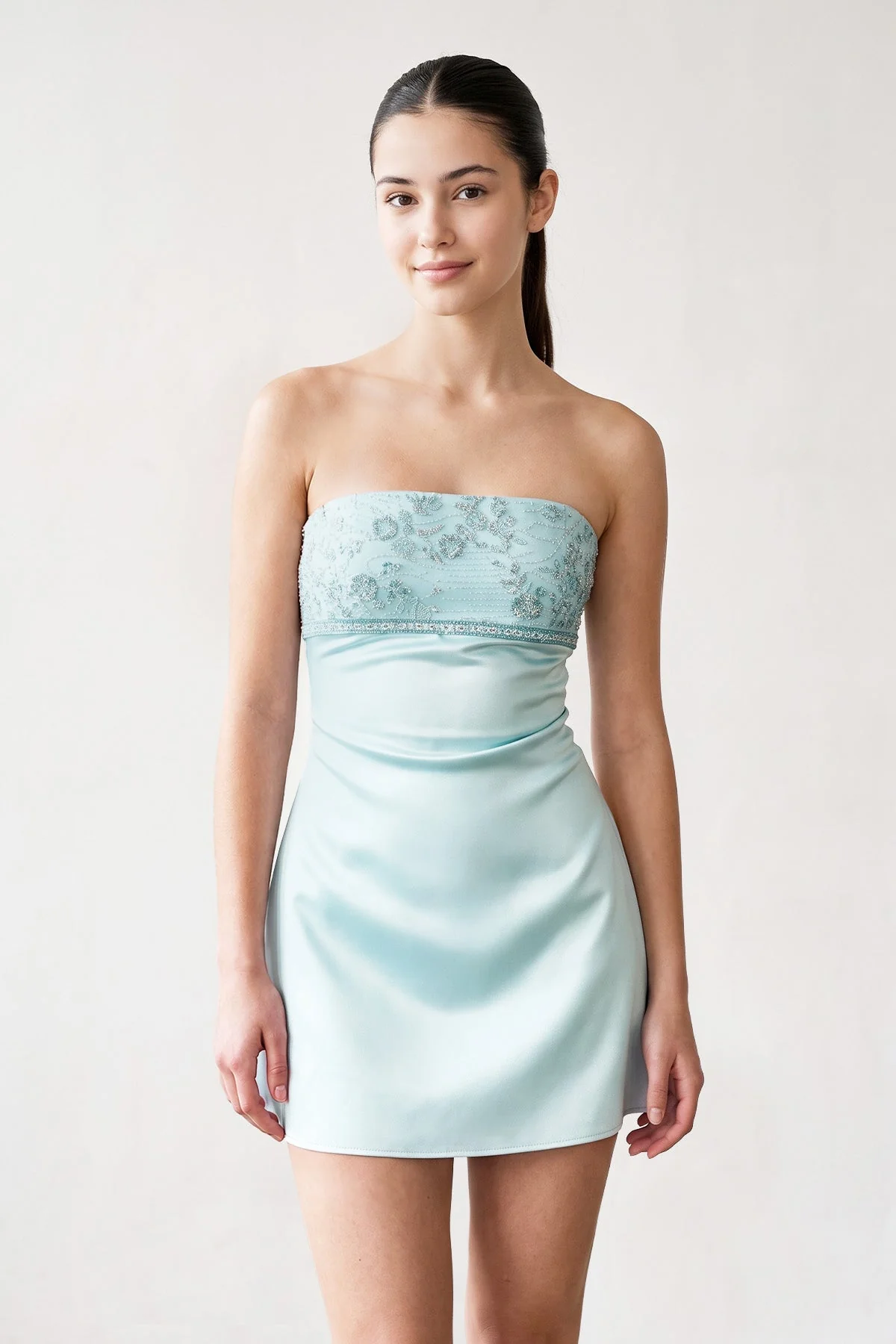 Aqua Strapless Appliqued Satin Sheath Homecoming Dress