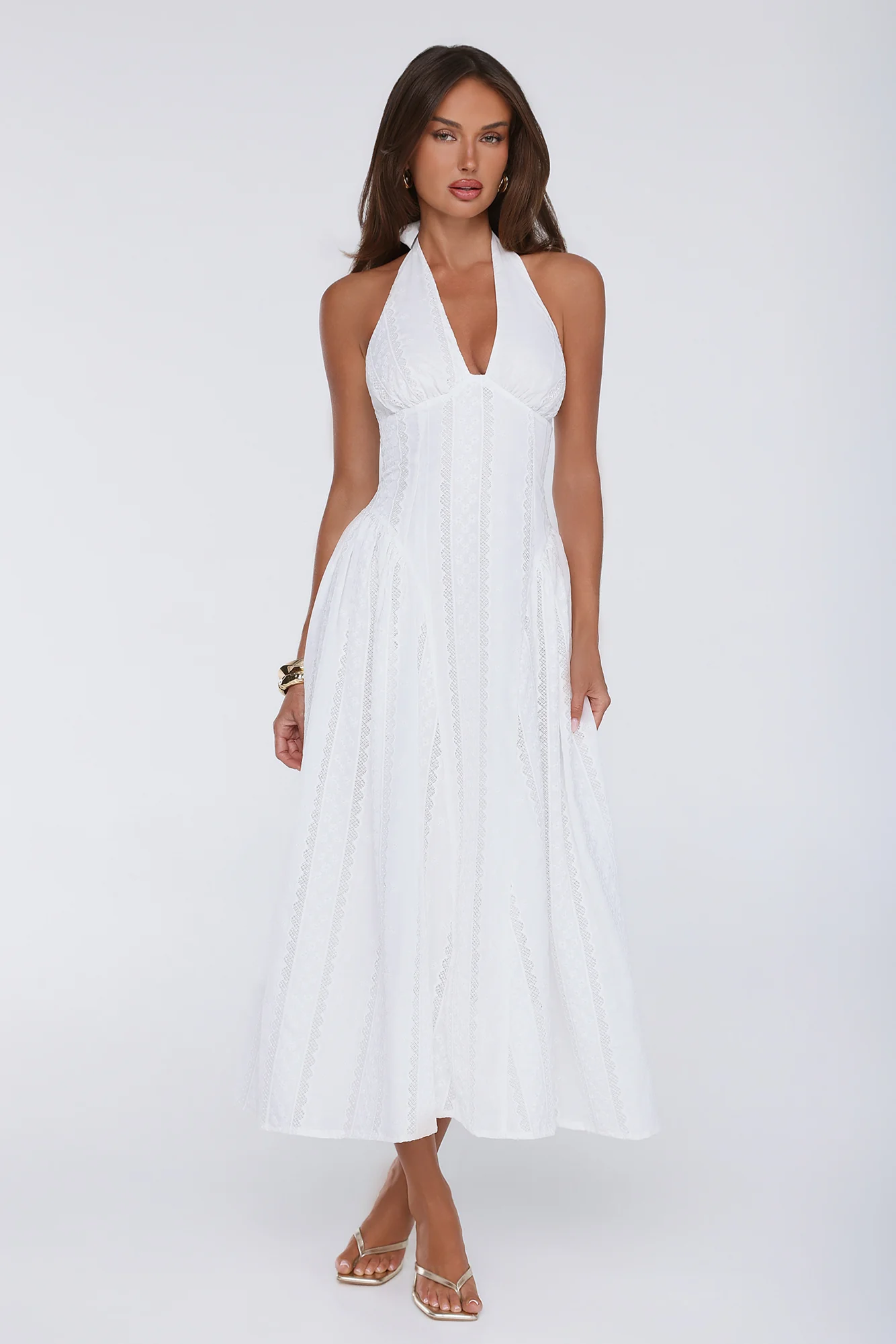 Petal Whimsy Embroidered Halter Maxi Dress White - luluinthesky