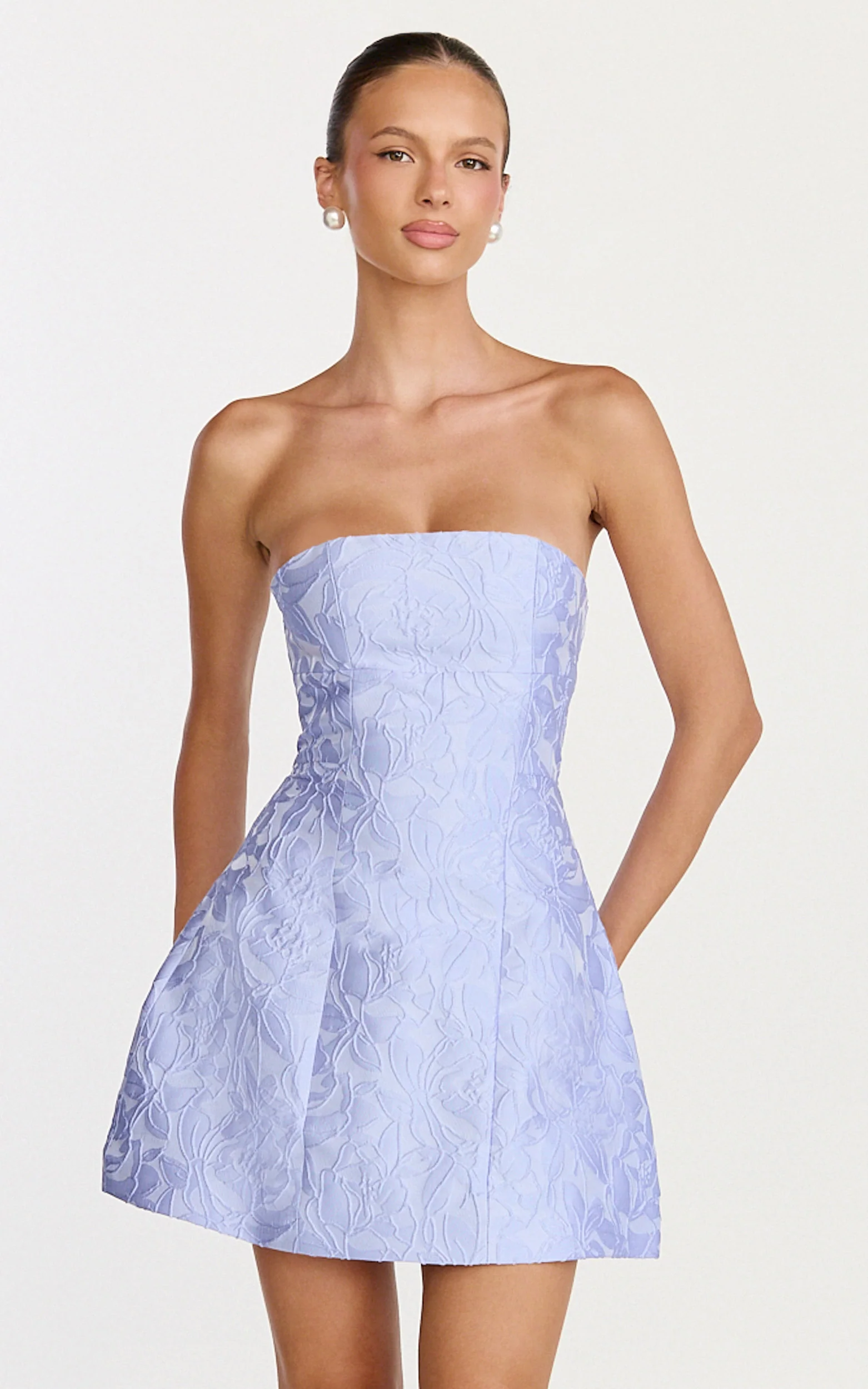 Rosalie Mini Dress - Strapless Jacquard Floral Mini Dress in Blue